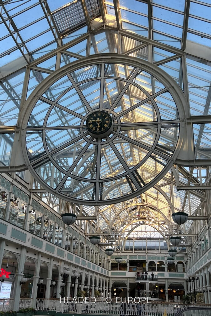 St. Stephen's Green Shopping Centre showcases its stunning glass atrium and giant vintage clock, making it one of the most Instagrammable places in Dublin for architecture lovers.