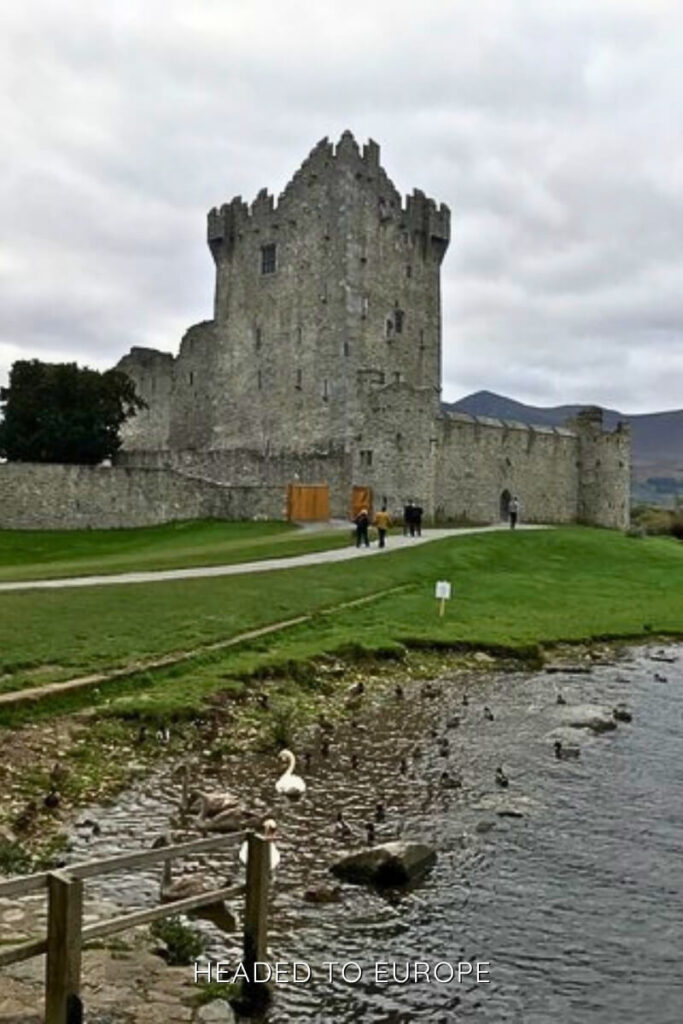 The stone fortress of Ross Castle by the lake with ducks and swans in the foreground, a peaceful nature-filled stop on Weekend Breaks in Ireland.