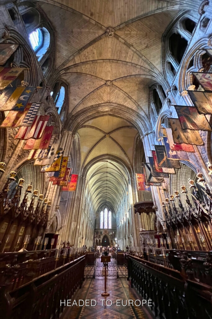 Inside St. Patrick’s Cathedral, vaulted ceilings and colorful flags line the nave, making this sacred site one of the most awe-inspiring and Instagrammable places in Dublin.